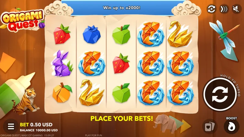 Origami Quest - skrini ya mchezo iliyo na jopo la vigingi na kitufe cha Boost